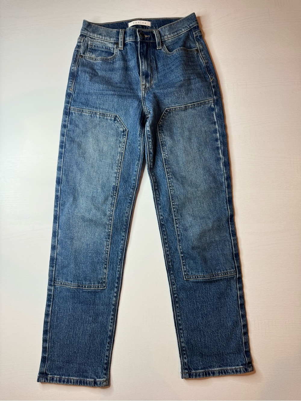 eunina Blue Straight-Leg Women's Jeans with Patch Panels